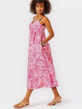Lilly Pulitzer Azora Cotton Midi Dress Size 12 Peony Pink Seaside Scene print